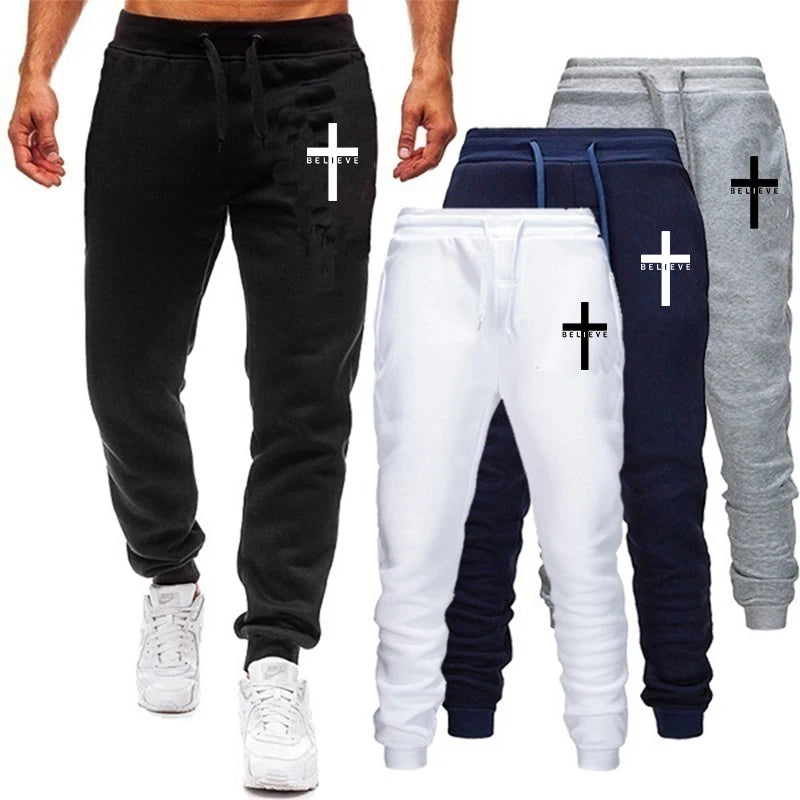 Men Pant 2022 Spring Autumn I Believe in Christian Jesus Print Series Drawstring Casual Simple Loose Sports Jogging Pants