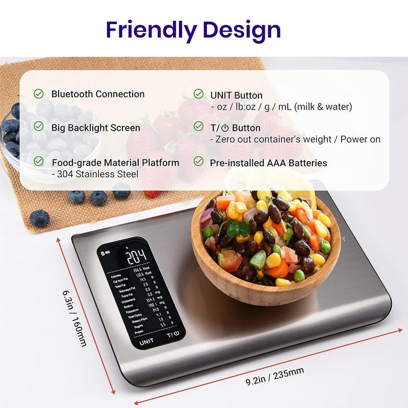 Etekcity Food Kitchen Scale, Digital Grams and Ounces for Weight Loss with Smart Nutrition App, 19 Facts Tracking, Baking, Cooking, Portion Control, Macro, Keto, 11 Pounds-Large, Stainless Steel